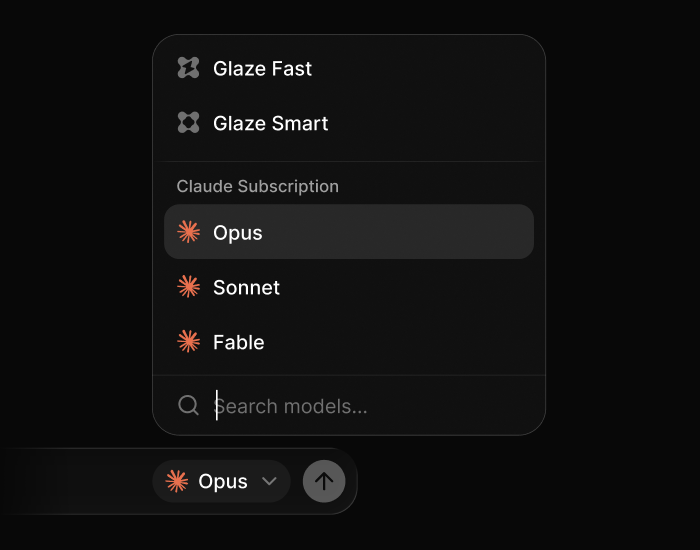 Model picker with Glaze Fast, Glaze Smart, and Claude subscription models